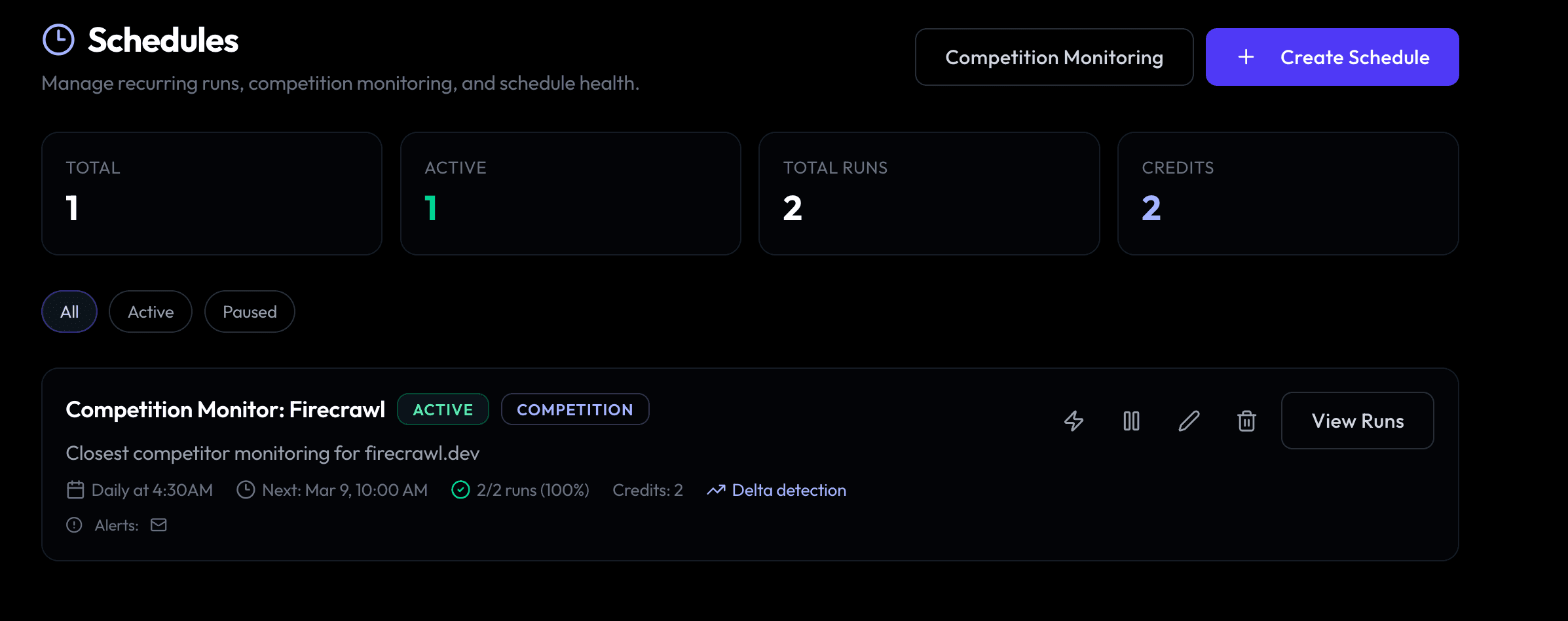 Recurring monitoring schedules for competitor checks.